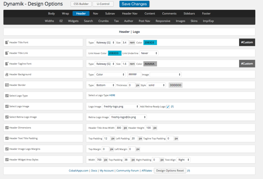 Screenshot showing Cobalt Dynamik Design Options for the Header